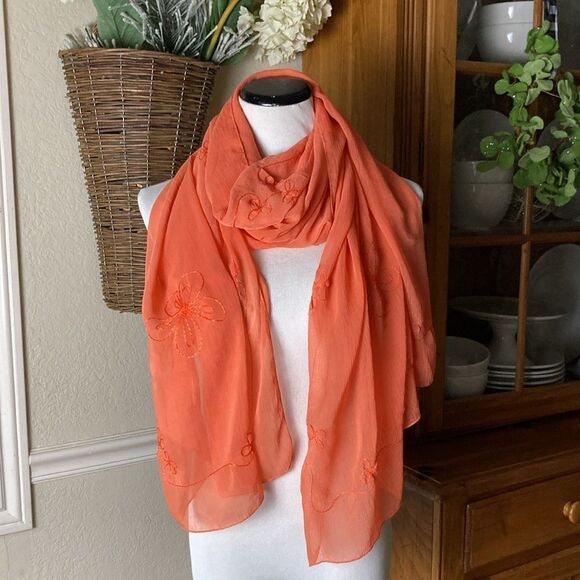 Lightweight Spring Summer Orange Embroidered Neck Scarf 🧣 - Picture 3 of 8